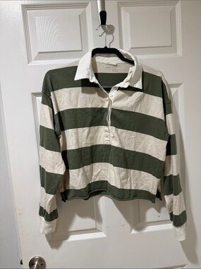 Women Olive & Cream Stripe Rugby-Style Hoodie